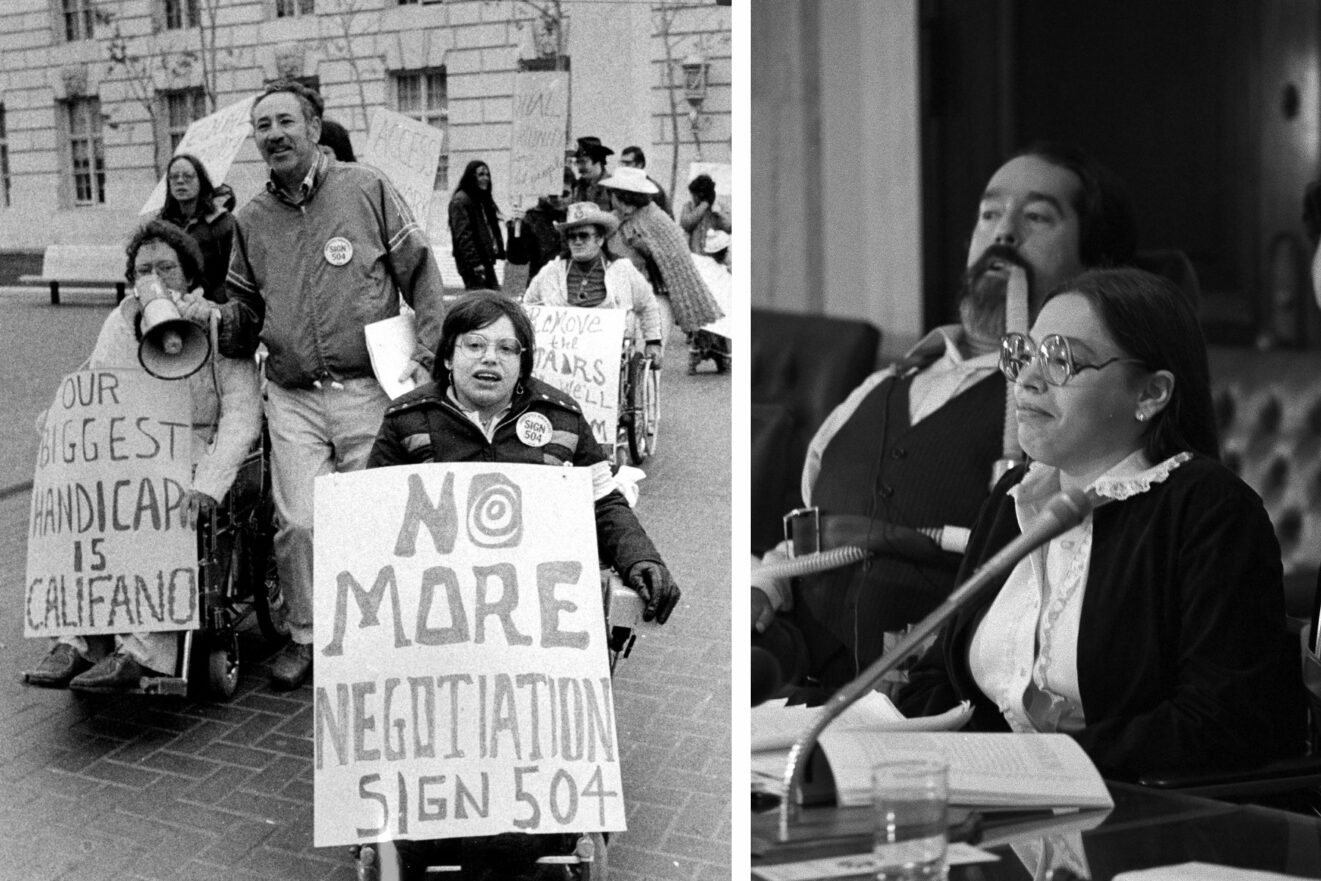 black and white photo of women in wheelchair holding sign that says no more negotiations, sign 50