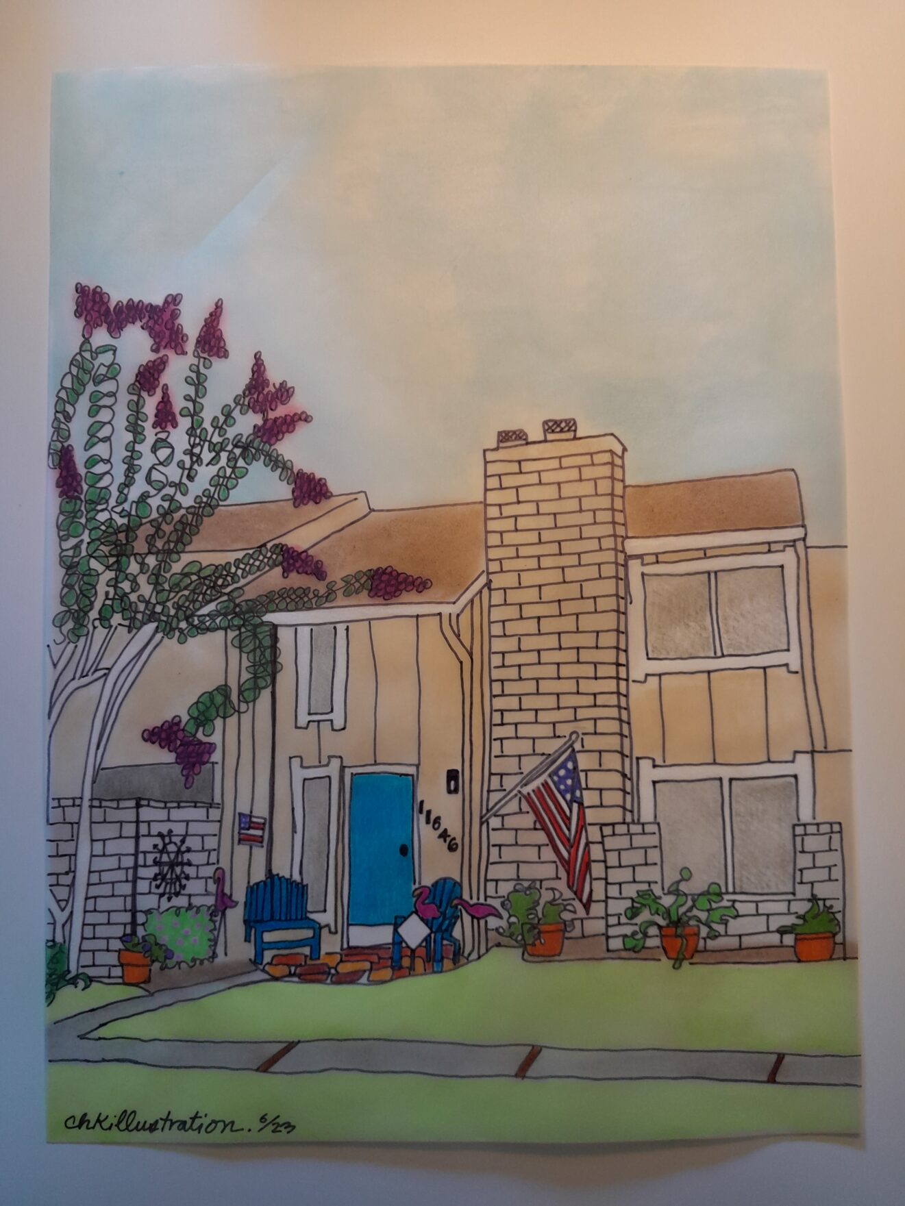 Painting by CHK Illustration, depicting outside of two-story house with magenta crape myrtle, American flag, potted plants, and curved footpath.