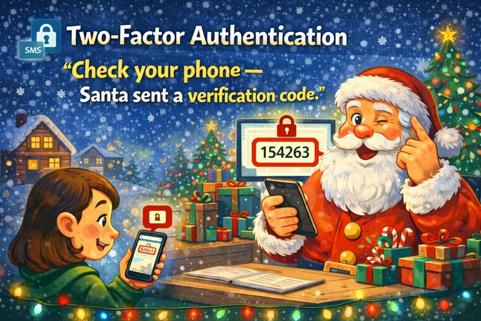 Drawing of child using smartphone to receive verification code from Santa, who is sitting at a desk to the right. Background includes snow scene, Christmas trees, and wrapped gifts. Caption at top: "Two-Factor Authentication: 'Check your phone--Santa sent a verification code.'"