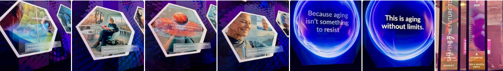 Seven more images: four hexagonal ones, showing abstract space images and/or people in futuristic settings; two with slogans in blue circles ("Because aging isn't something to resist" and "This is aging without limits"); and one resembling a shelf of reference books.