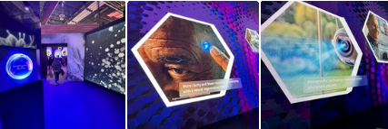 Three separate images, each with neon-blue walls as a background. Left to right: long view of someone entering a tunnel; hexagonal orange image framed in white; hexagonal blue and yellow-gray image framed in white. Images are largely abstract but resemble science-fiction space scenes.