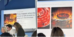 Two images of people in front of a screen that displays iGuard features. Left-hand picture includes the text, "Fires happen when the stove is left on and no one is in the kitchen."
