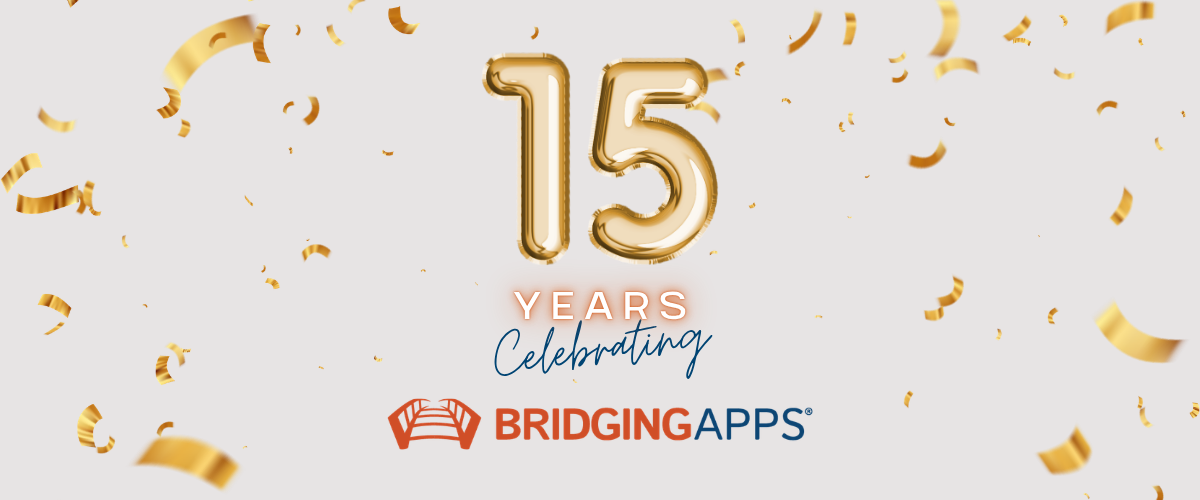 graphic with gold balloons and confetti that reads 15 years celebrating bridgingapps